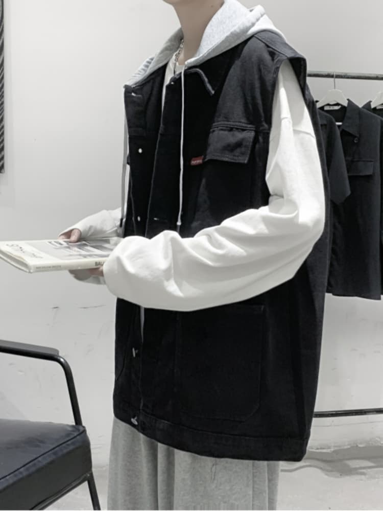 ベスト メンズ デニム フード付き多機能デニムベスト