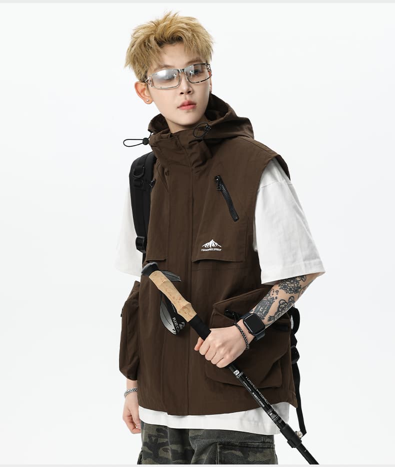 ベスト メンズ ナイロン アウトドア機能性フードベスト