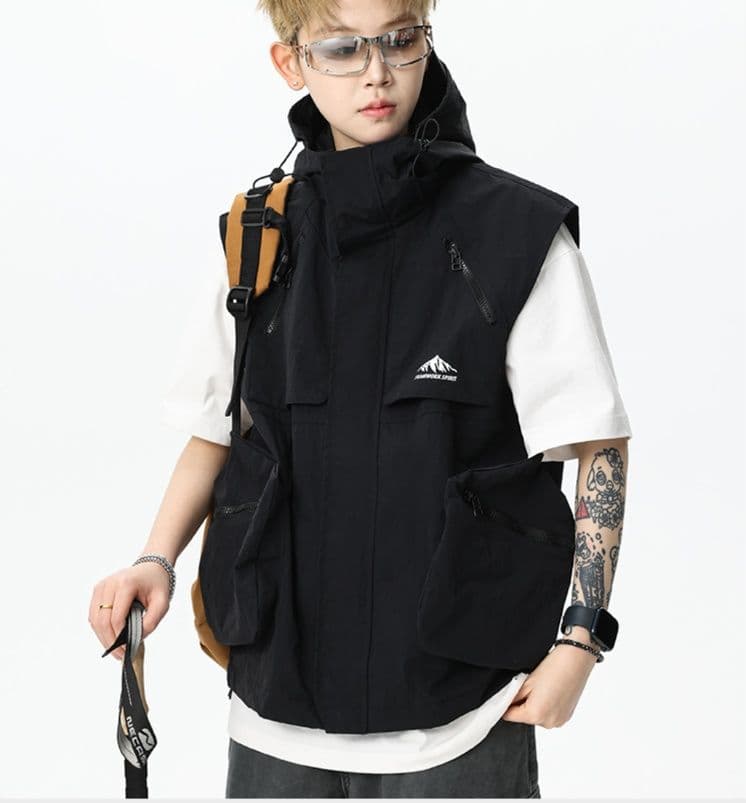 ベスト メンズ ナイロン アウトドア機能性フードベスト