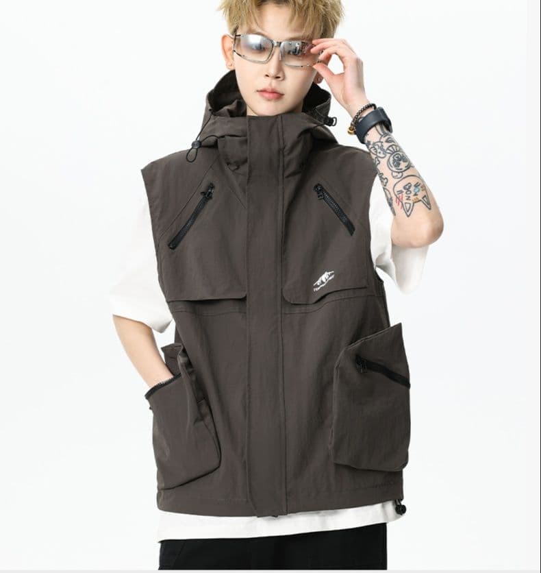 ベスト メンズ ナイロン アウトドア機能性フードベスト