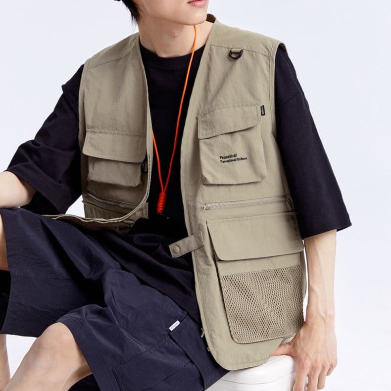 ベスト メンズ 多機能ポケット付きナイロン製ミリタリー風ベスト