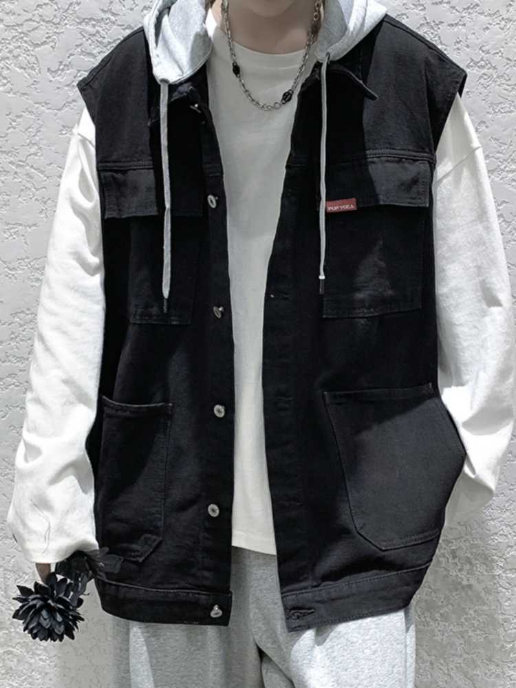 ベスト メンズ デニム フード付き多機能デニムベスト