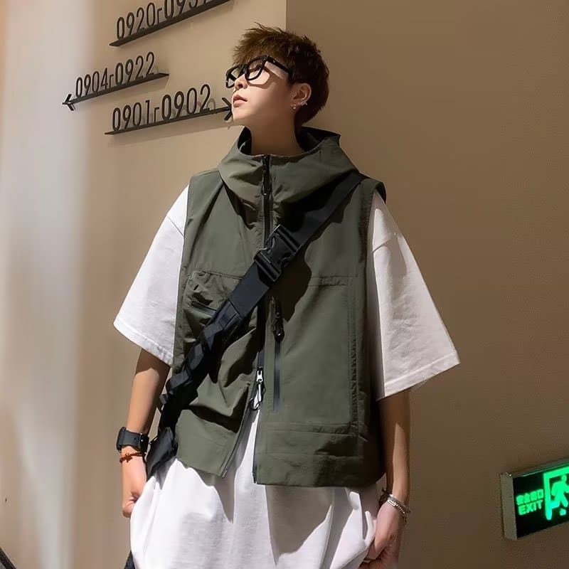 ベスト メンズ 多機能フード付きベスト ジップアップ メンズ