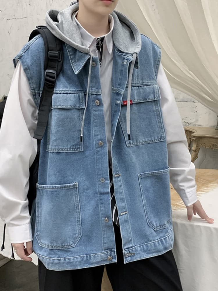 ベスト メンズ デニム フード付き多機能デニムベスト