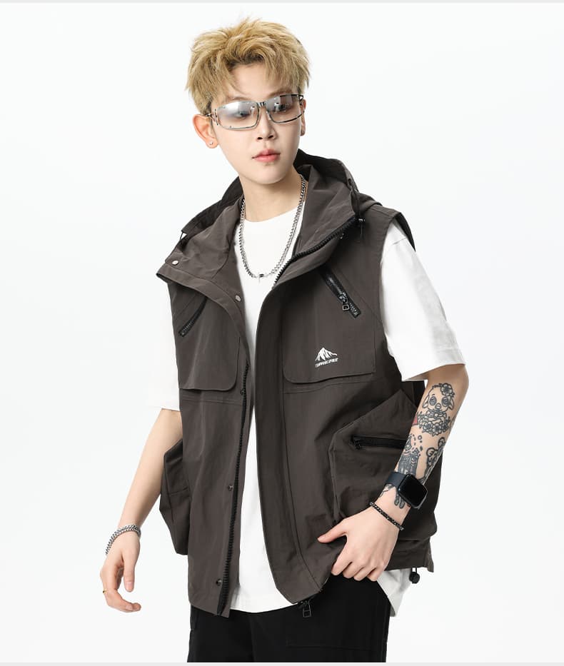 ベスト メンズ ナイロン アウトドア機能性フードベスト