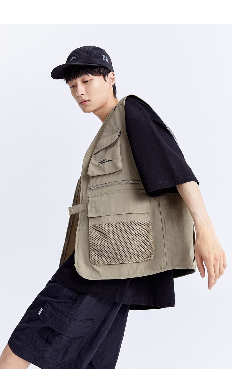 ベスト メンズ 多機能ポケット付きナイロン製ミリタリー風ベスト