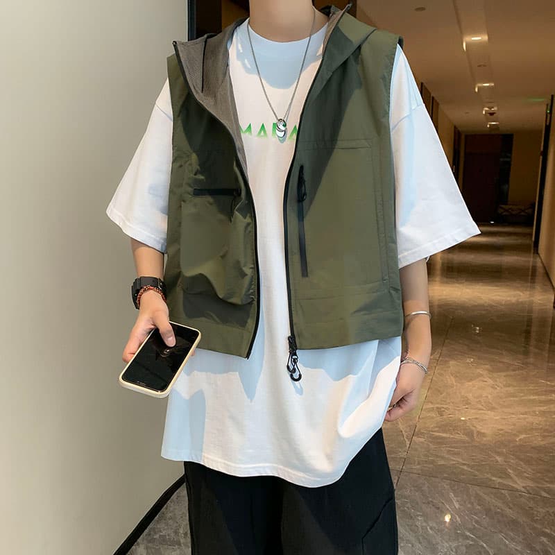 ベスト メンズ 多機能フード付きベスト ジップアップ メンズ