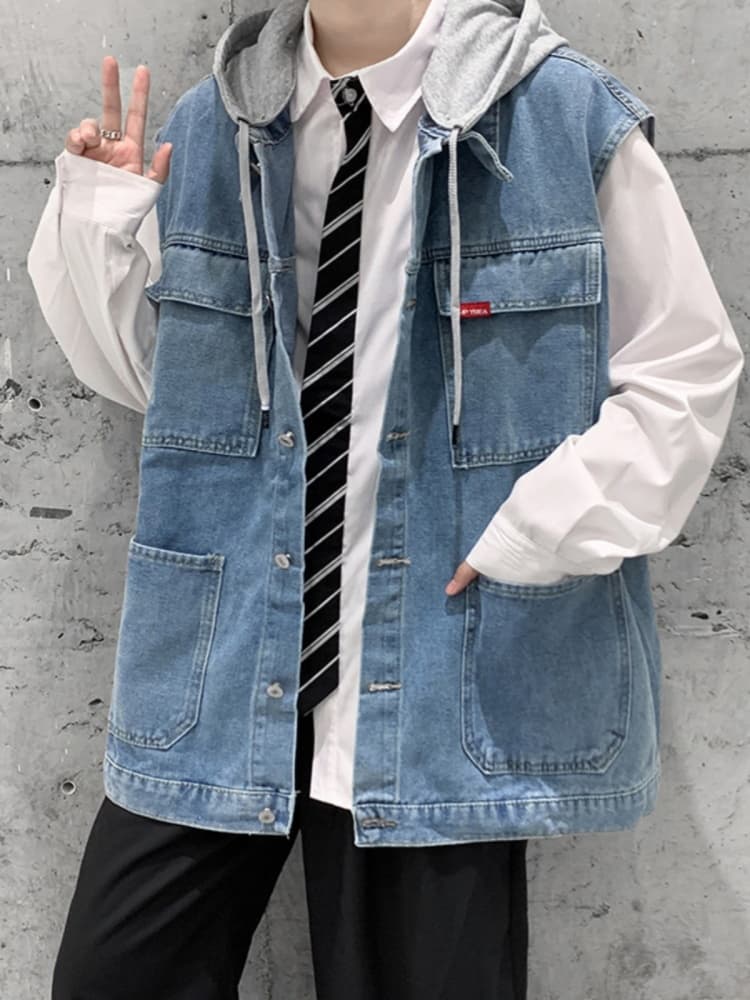 ベスト メンズ デニム フード付き多機能デニムベスト