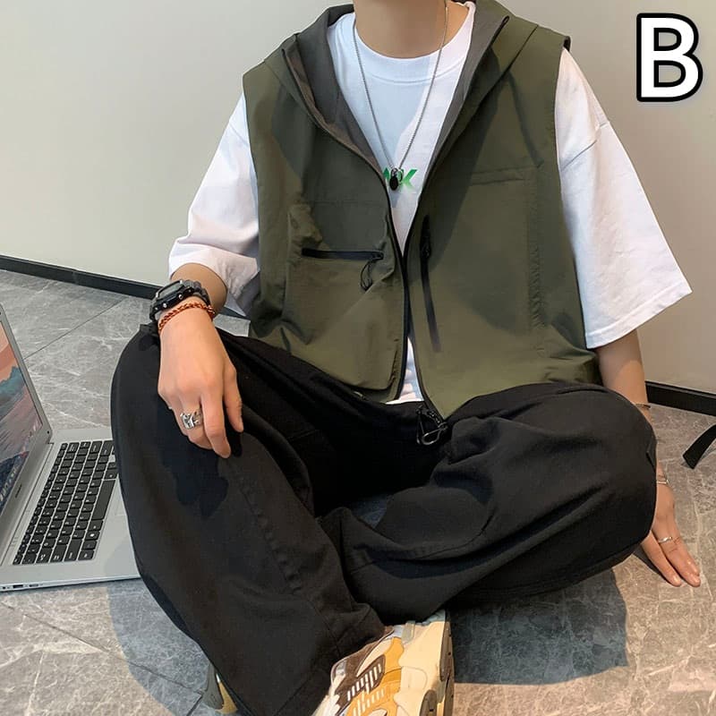 ベスト メンズ 多機能フード付きベスト ジップアップ メンズ