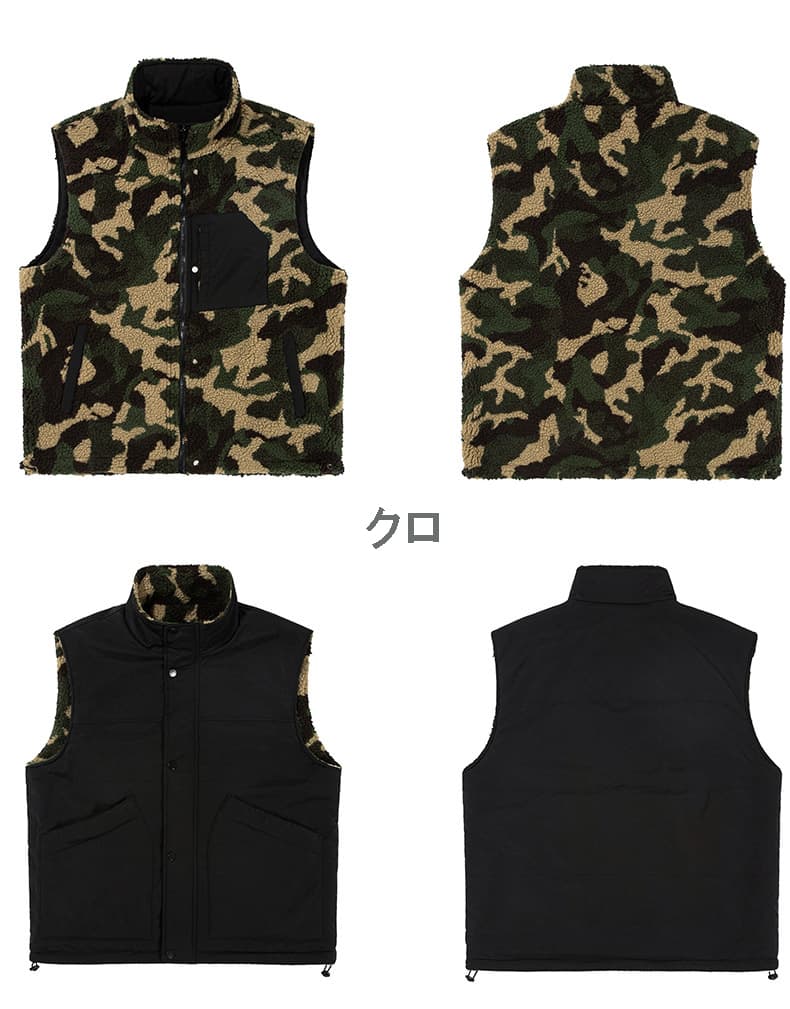 メンズ ベスト メンズ両面着用迷彩柄中綿ベスト防寒アウター