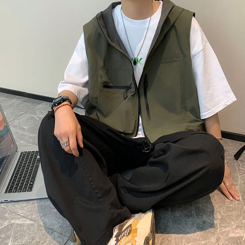 ベスト メンズ 多機能フード付きベスト ジップアップ メンズ