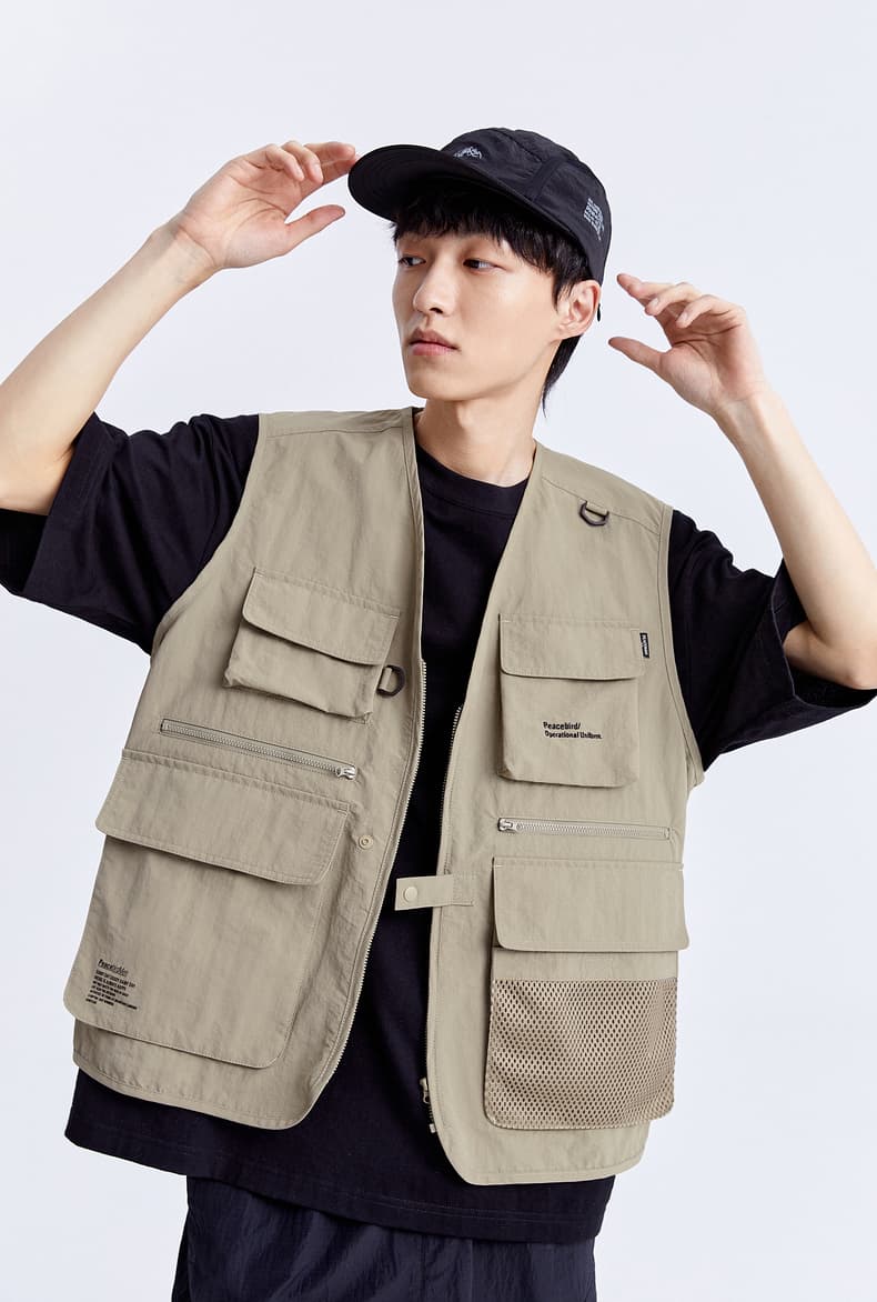 ベスト メンズ 多機能ポケット付きナイロン製ミリタリー風ベスト