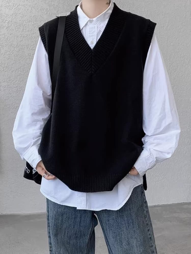 ベスト メンズ ナイロン 大人の余裕 深Vネックニットベスト