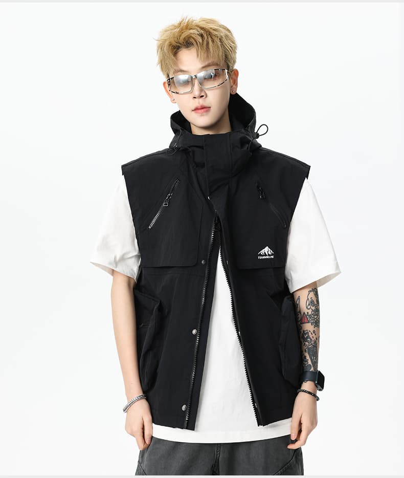 ベスト メンズ ナイロン アウトドア機能性フードベスト