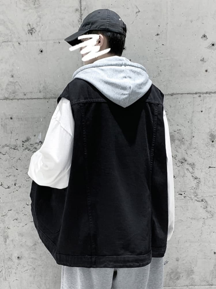 ベスト メンズ デニム フード付き多機能デニムベスト