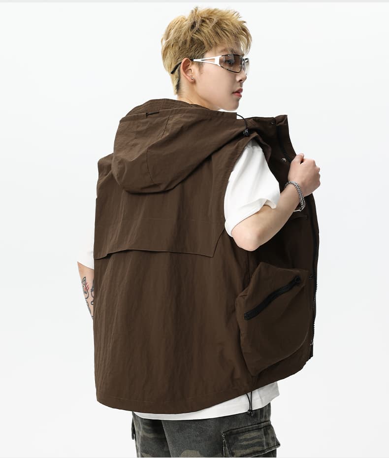 ベスト メンズ ナイロン アウトドア機能性フードベスト